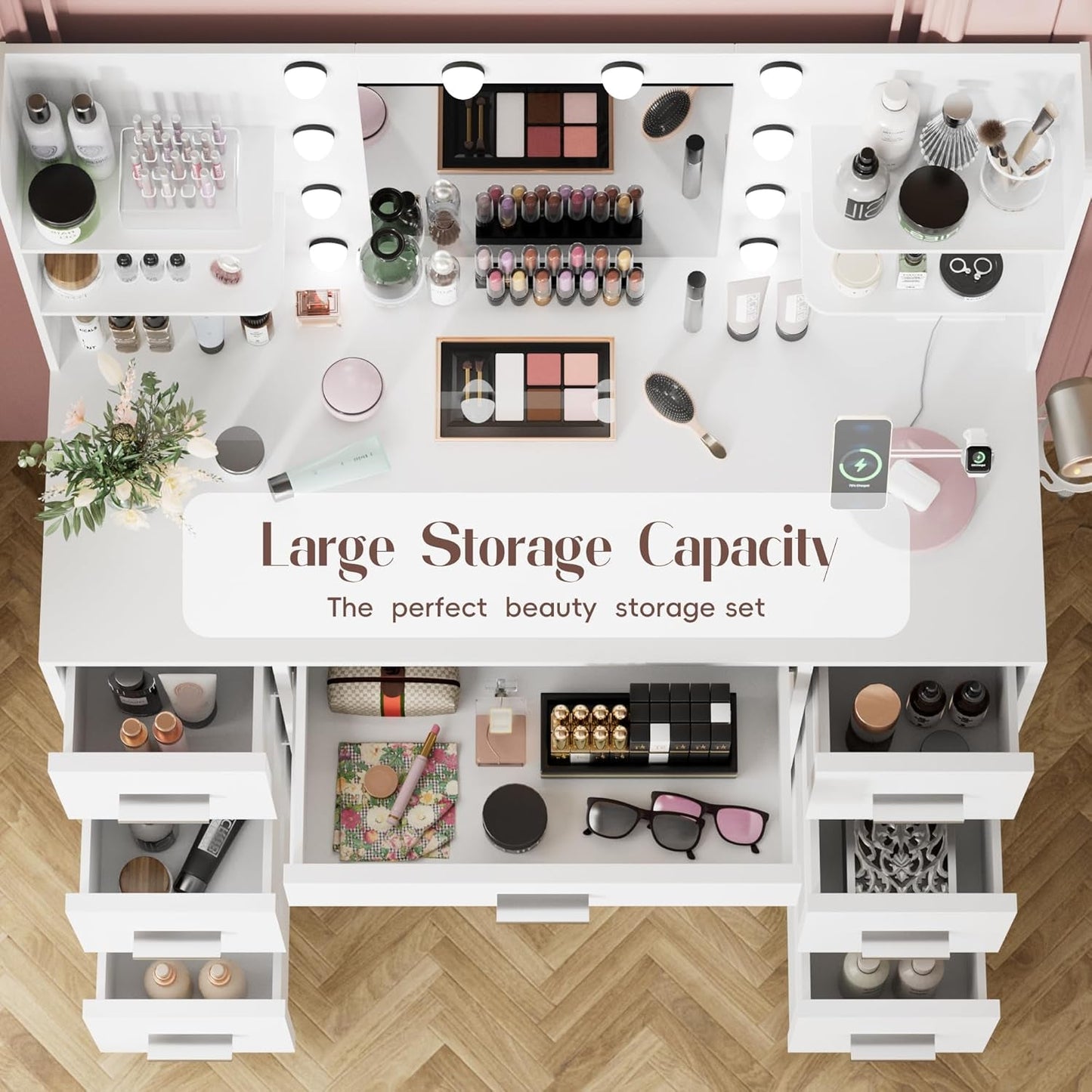 Luxurious White Vanity Desk With Illuminated Mirror