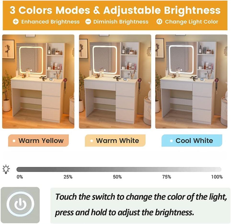 37-Inch White Cosmetic Vanity Desk Charging Station