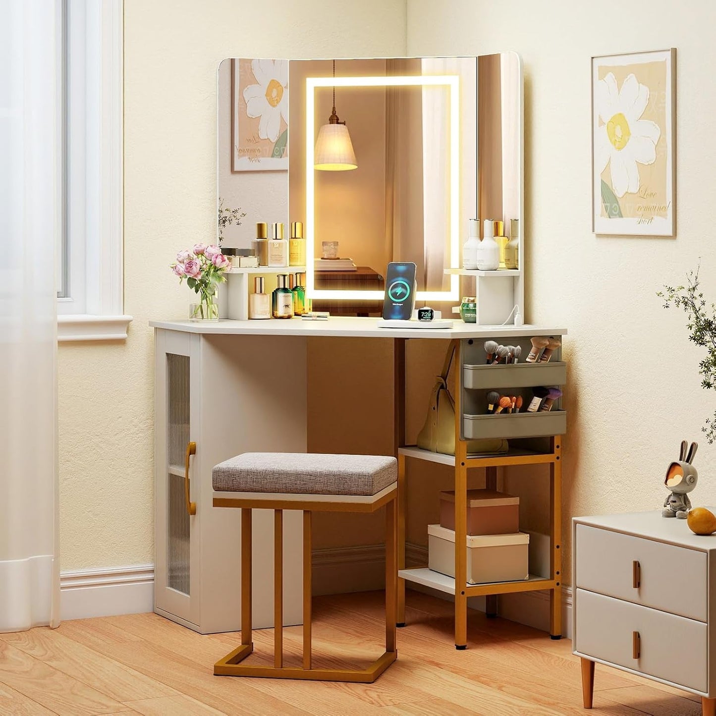 Corner Vanity Desk With Lighted Tri Fold Mirror And Storage White Gold