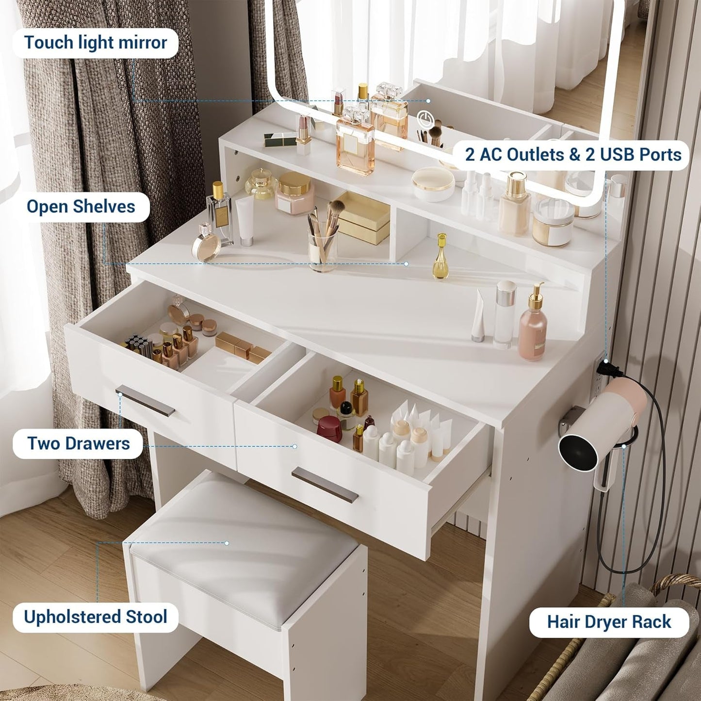 Vanity Desk With Ultra Bright LED Mirror Three Color Modes RGB