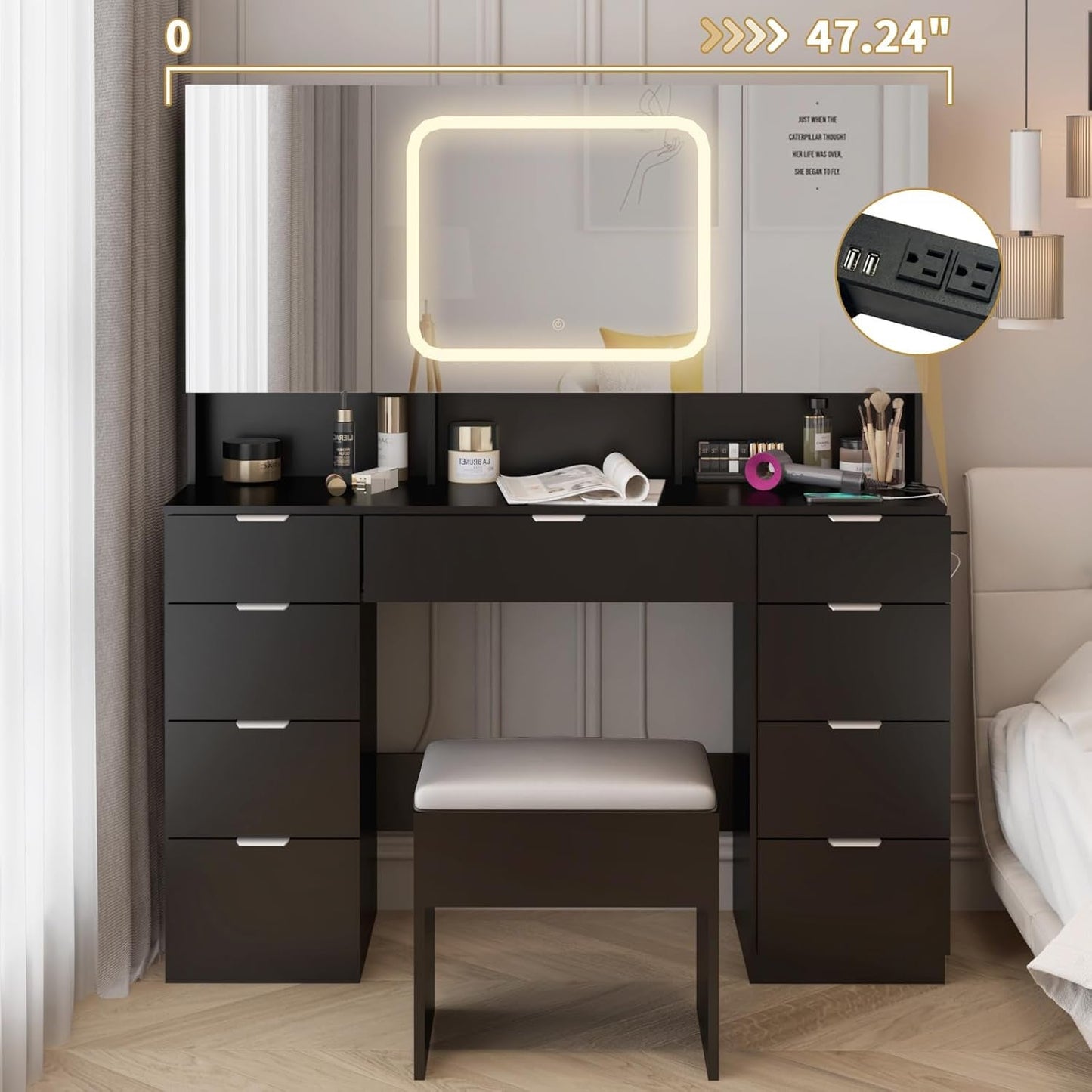 Oversized Vanity Table Illuminated Mirror With Drawers