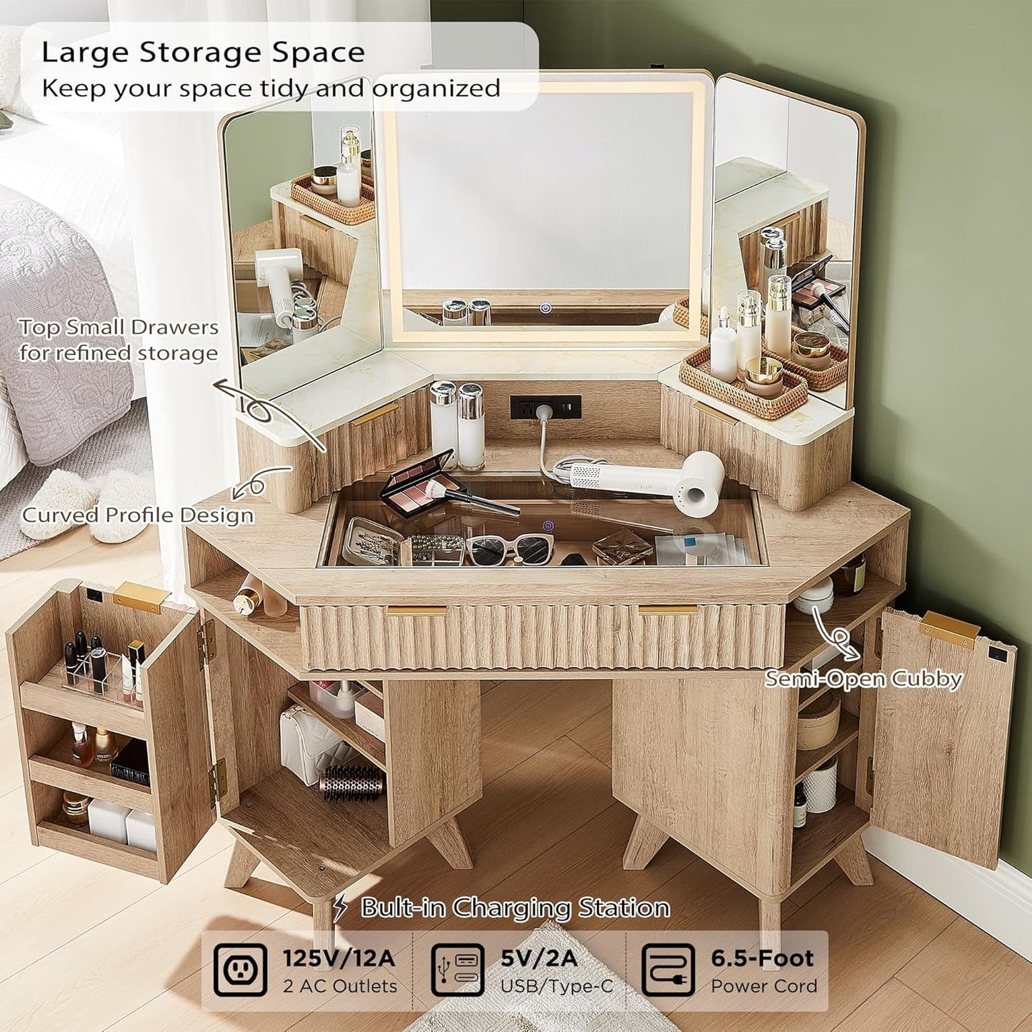 Natural Oak Forty Eight Inch Makeup Vanity Desk Three Way Mirror With Lights