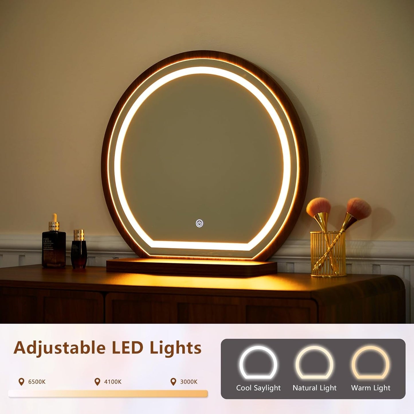 Walnut Vanity Desk Mirror With Integrated Lighting