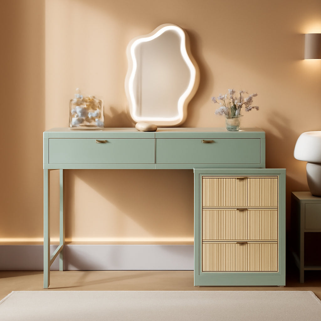 Mint Green Vanity Desk With 5 Drawers For Narrow Spaces