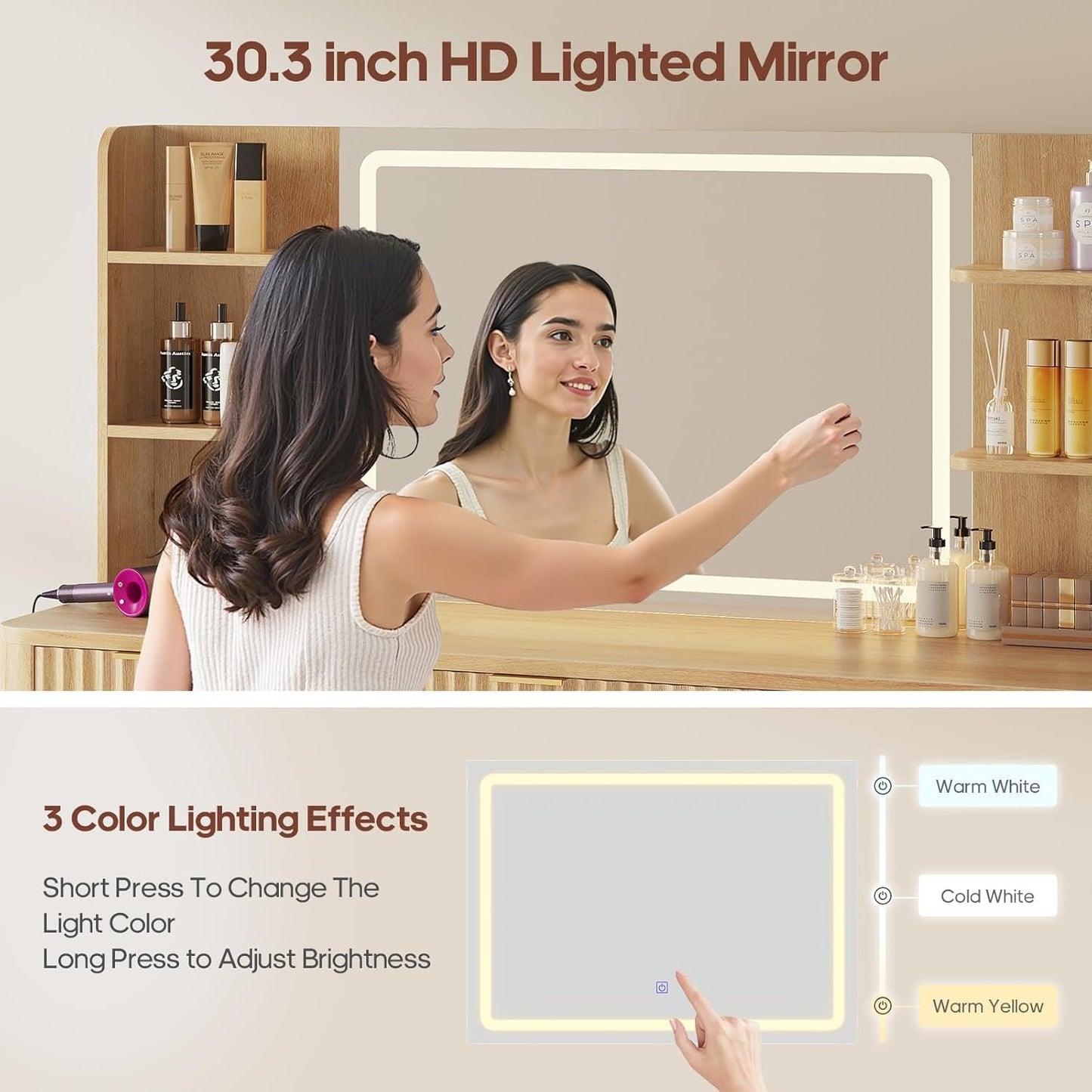 51 Inch Wide Fluted SolidWood Vanity Desk LED Mirror