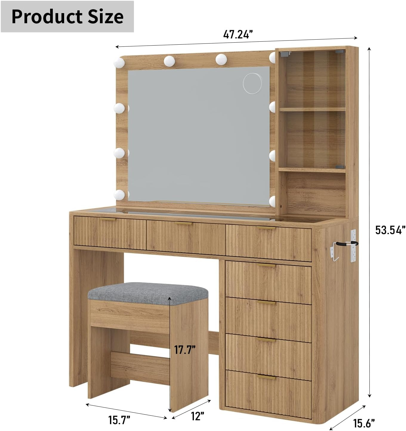 Forty Seven In Fluted Oak Makeup Vanity Desk Illuminated