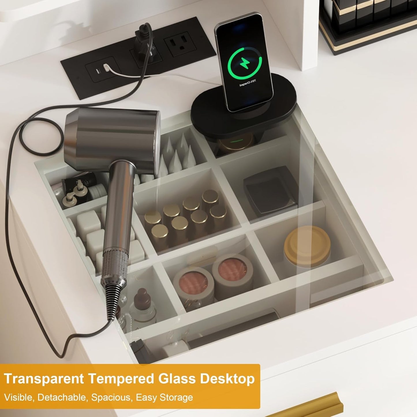 White Makeup Vanity Desk With Integrated LED Lighting