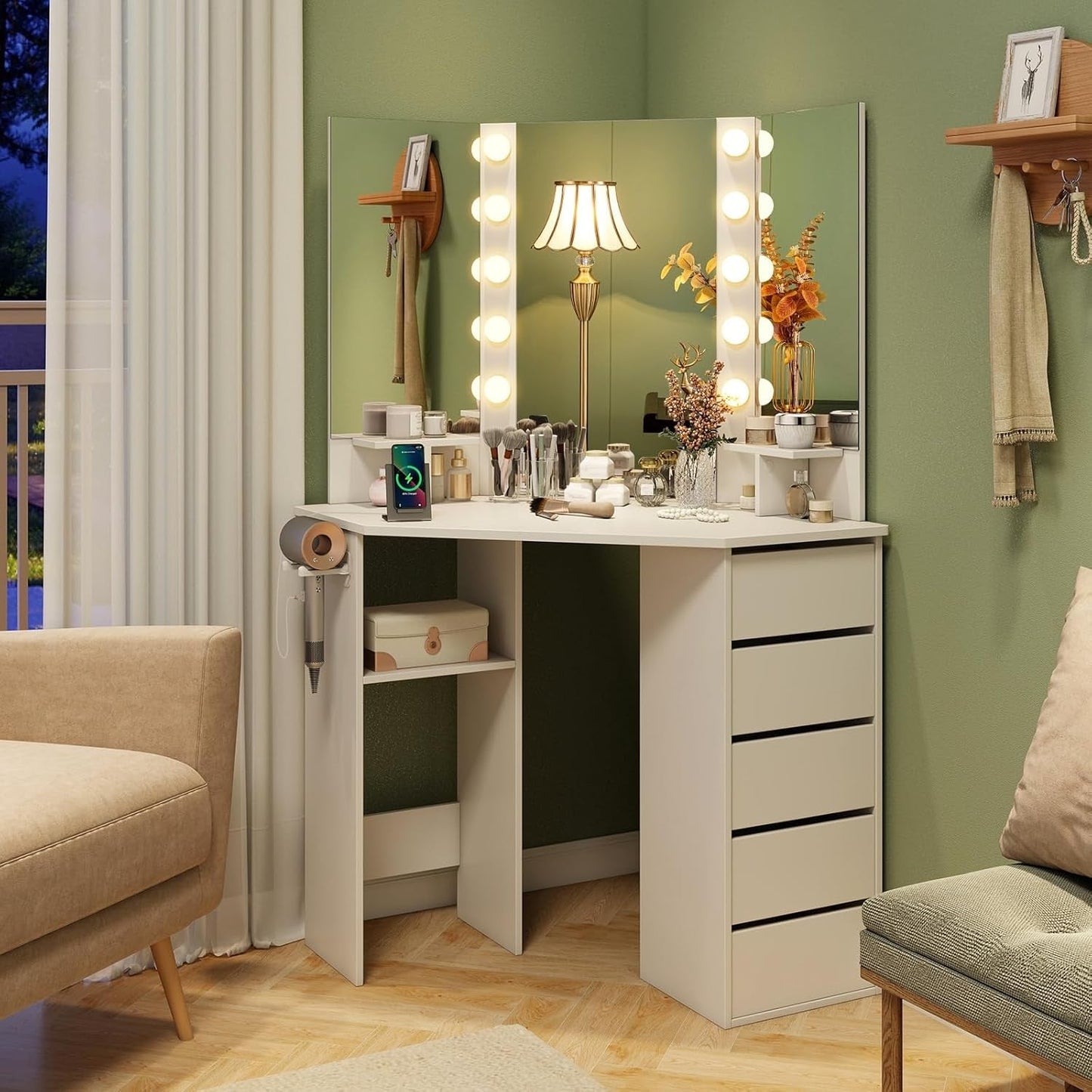 White Corner Vanity Desk With Illuminated Five Drawer