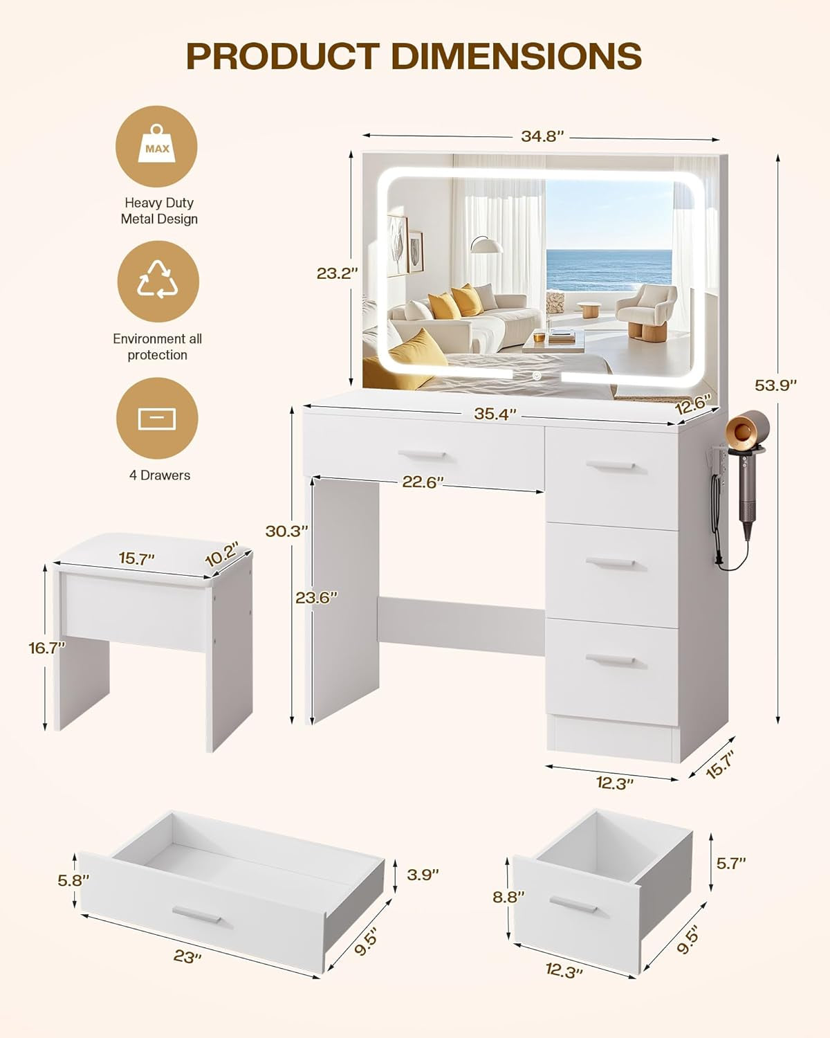 White Makeup Vanity Desk With Illuminated Mirror Pro