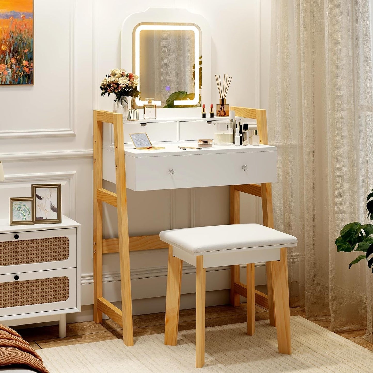 Compact White Vanity Desk With Three Color Illumination
