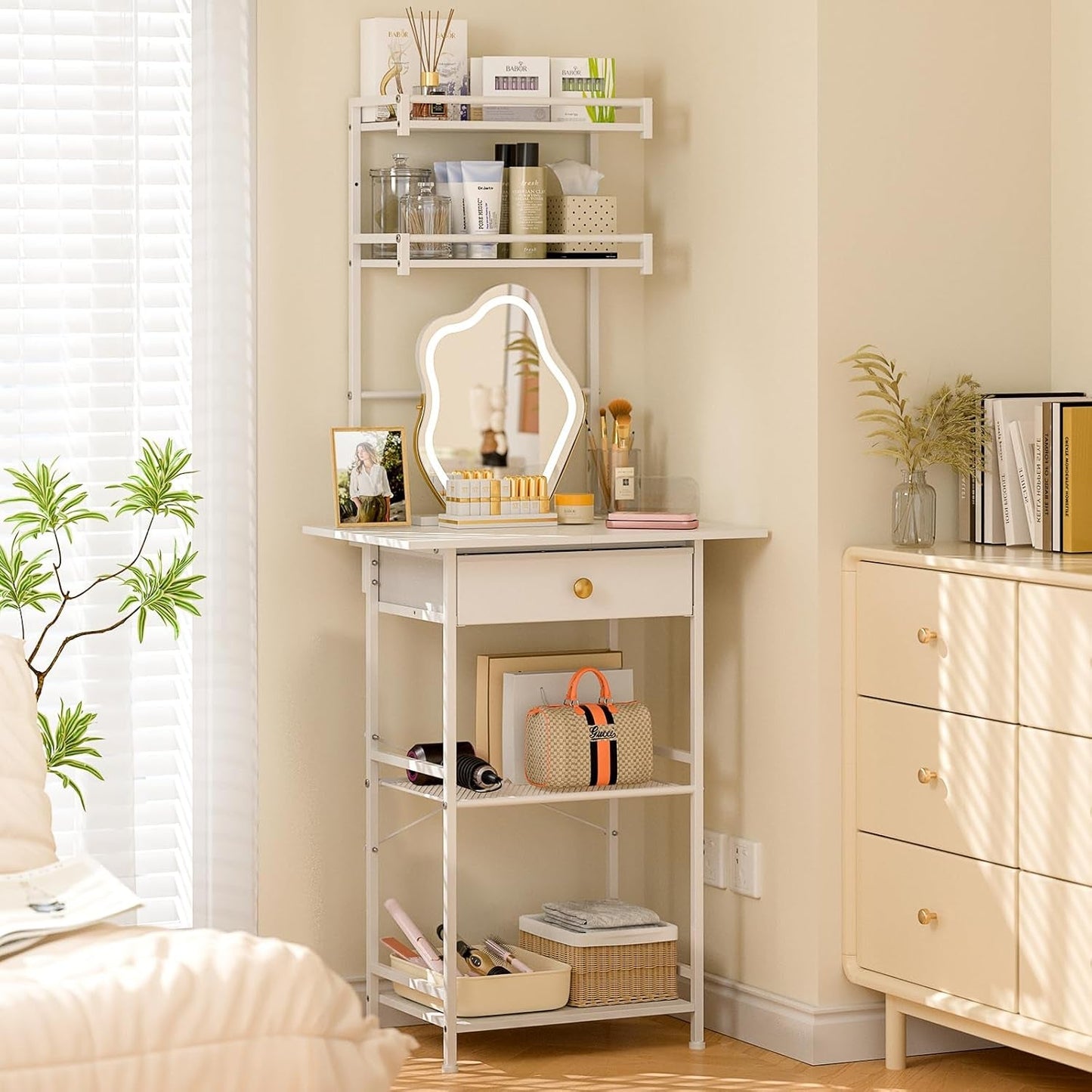 White Ultra Compact Vanity Desk With Generous Storage