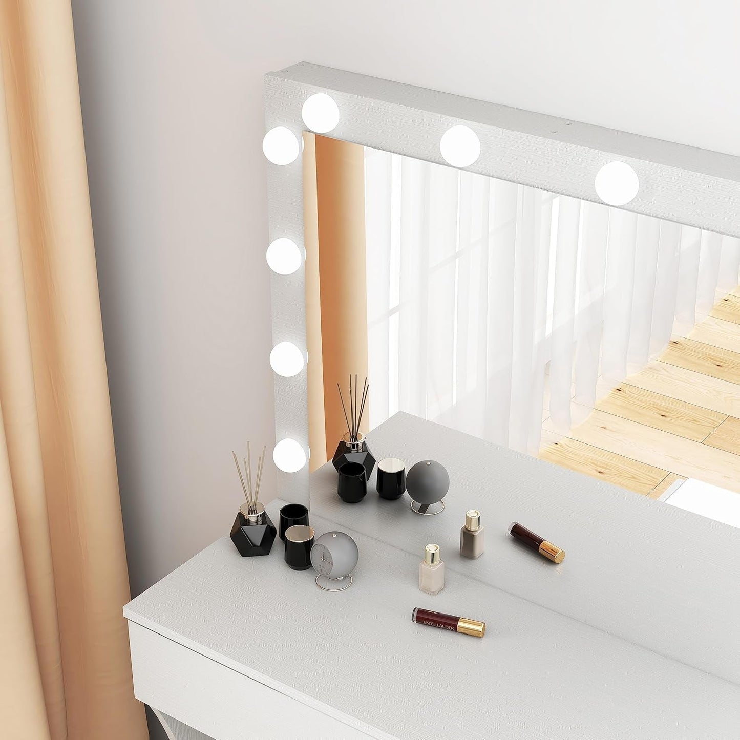 White Vanity Desk With Ultra Bright LED Mirror Storage