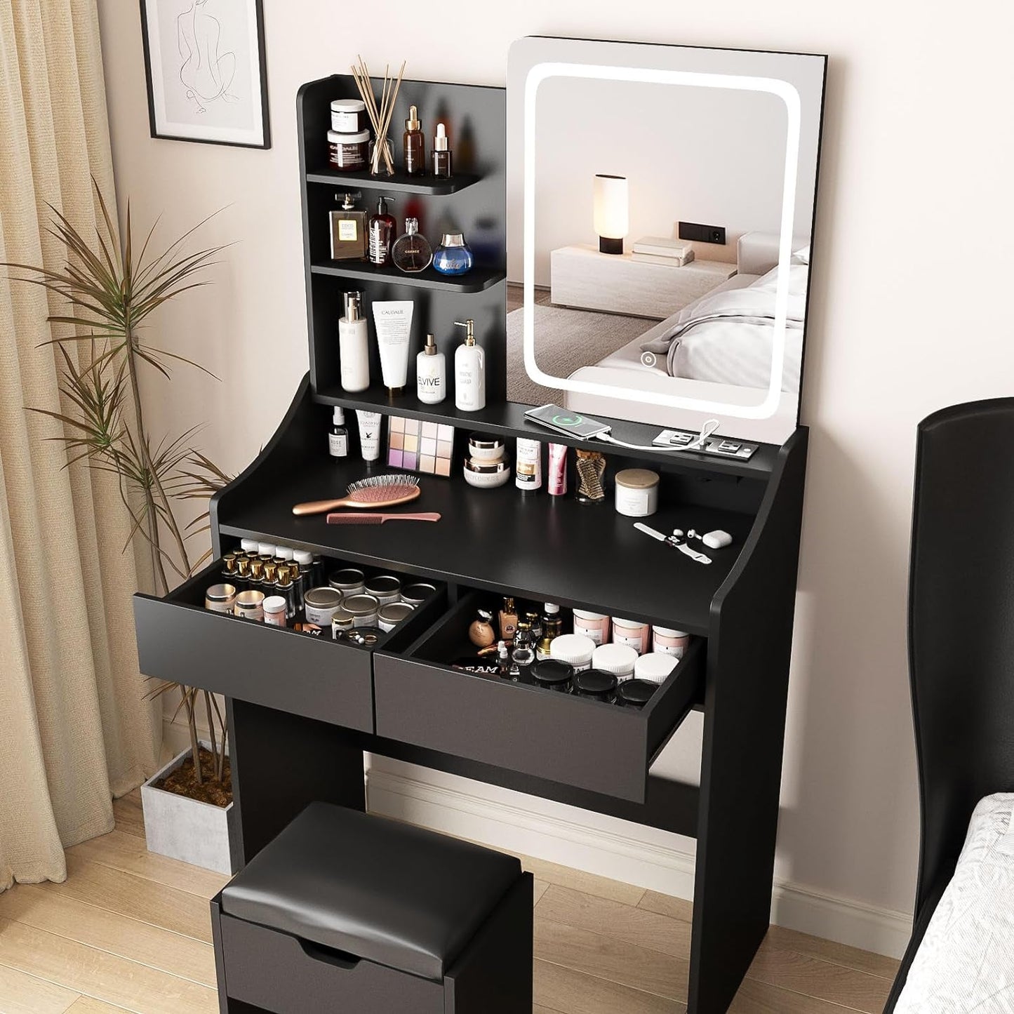 Charcoal Vanity Desk With LED Illuminated Mirror Storage