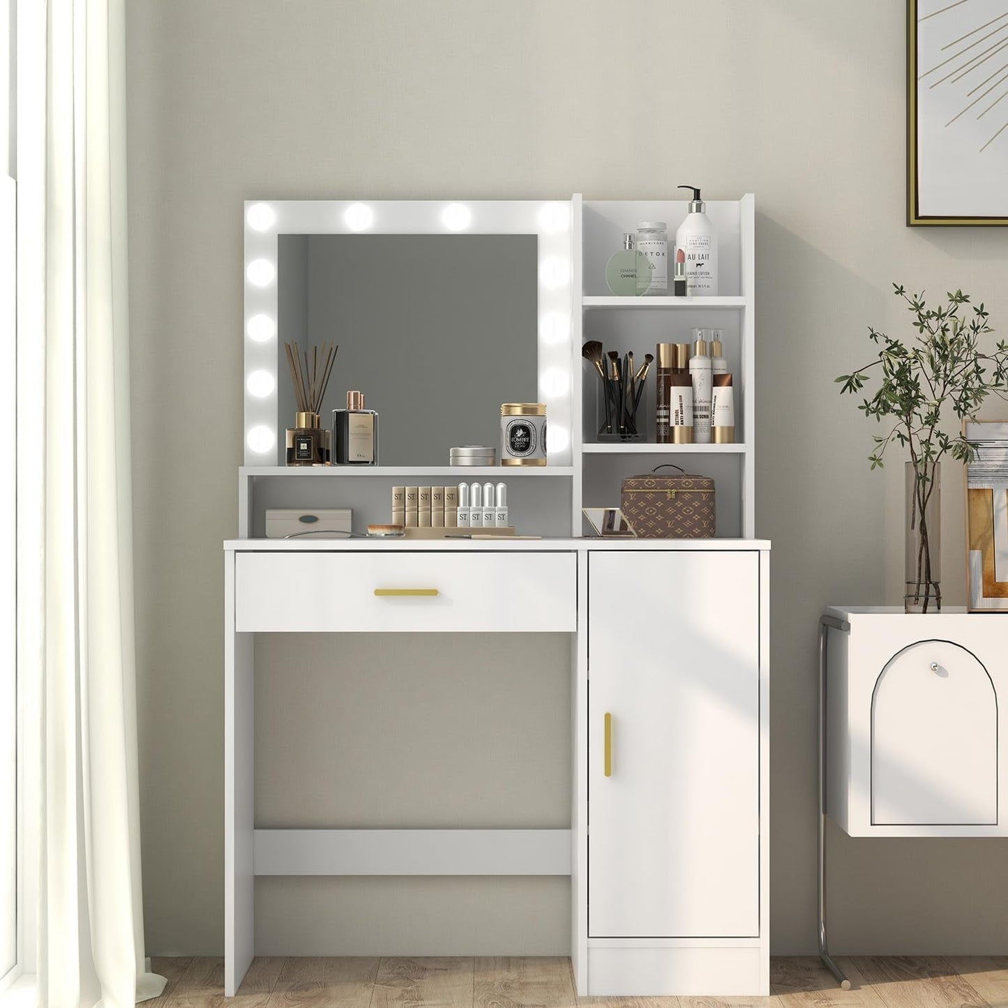White Vanity Desk With Adjustable Brightness Lights
