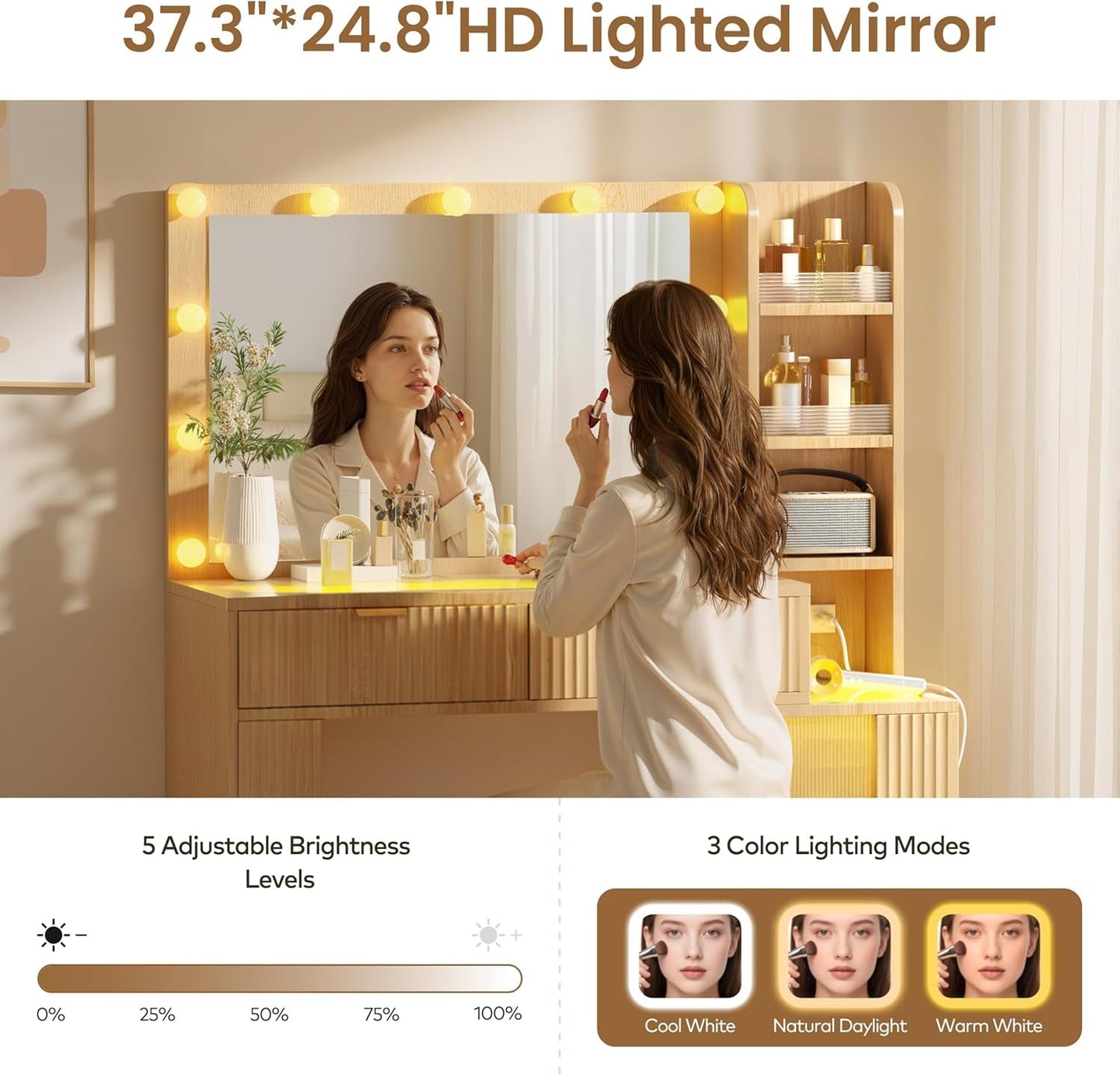 47 Inches Fluted Makeup Vanity Desk RGB Illumination System