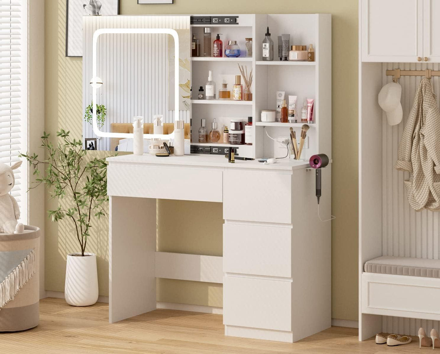 37-Inch White Cosmetic Vanity Desk Charging Station