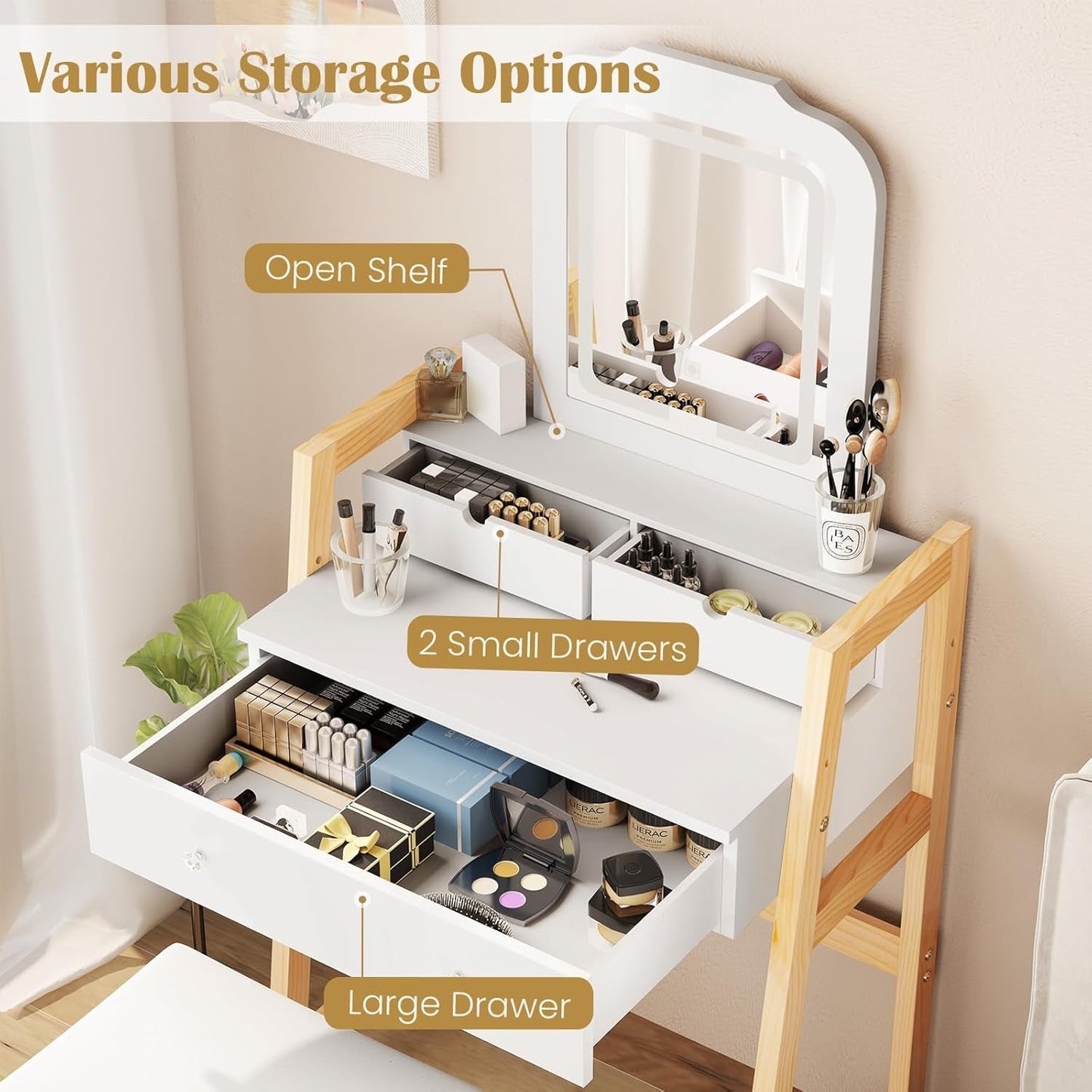 Compact White Vanity Desk With Three Color Illumination
