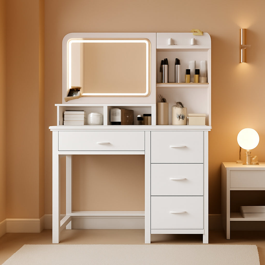 White Vanity Desk With Large Capacity Mirror Lights