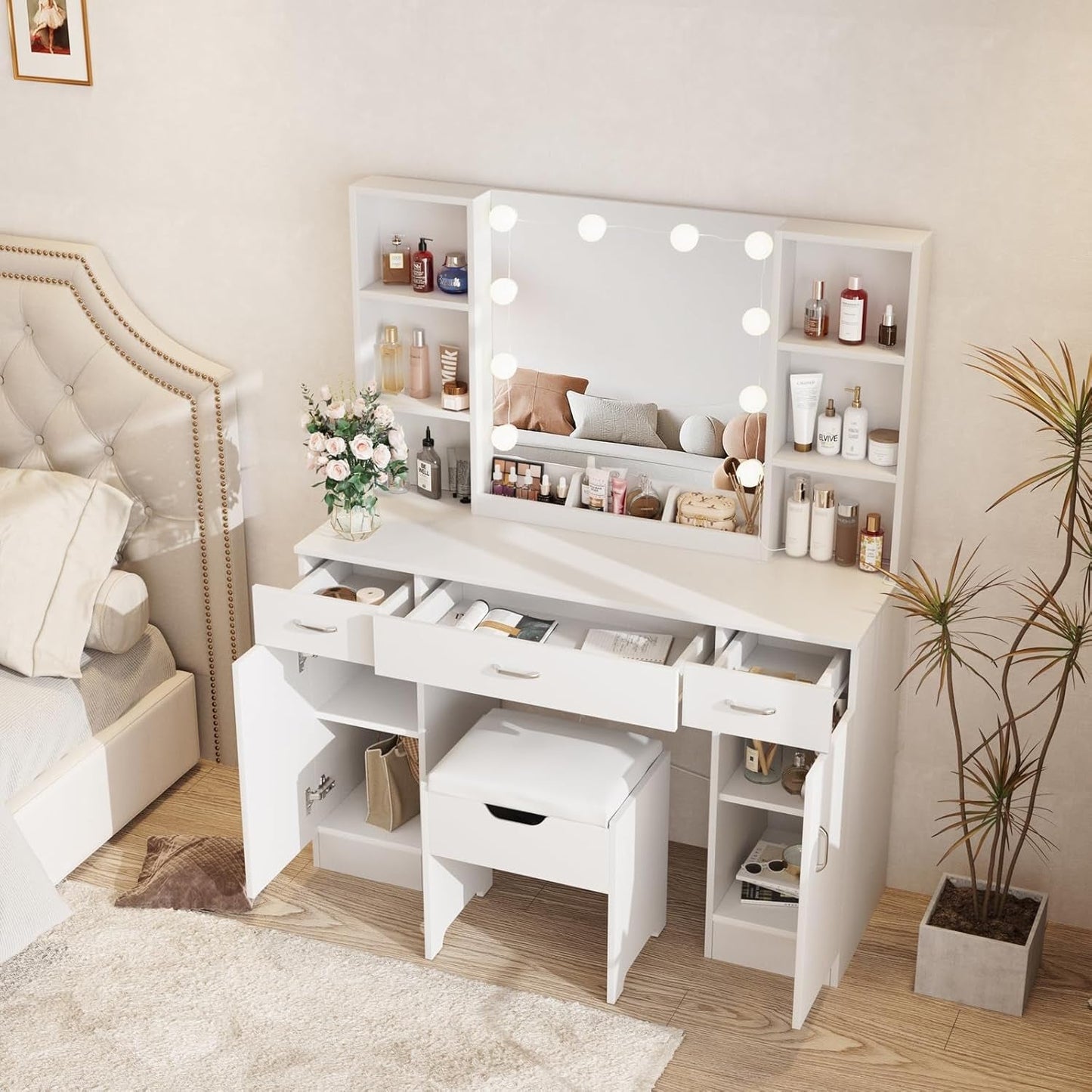 Ivory Vanity Desk With Illuminating Mirrored 45 Inch