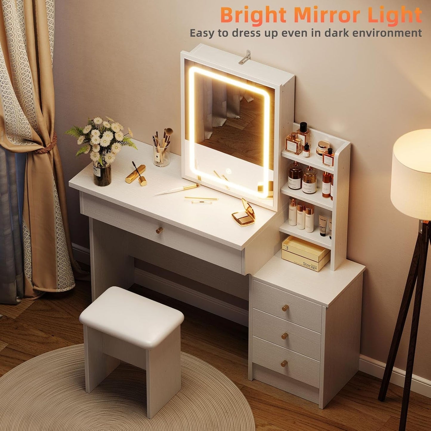 White Vanity Desk With LED Mirror Multi Compartment