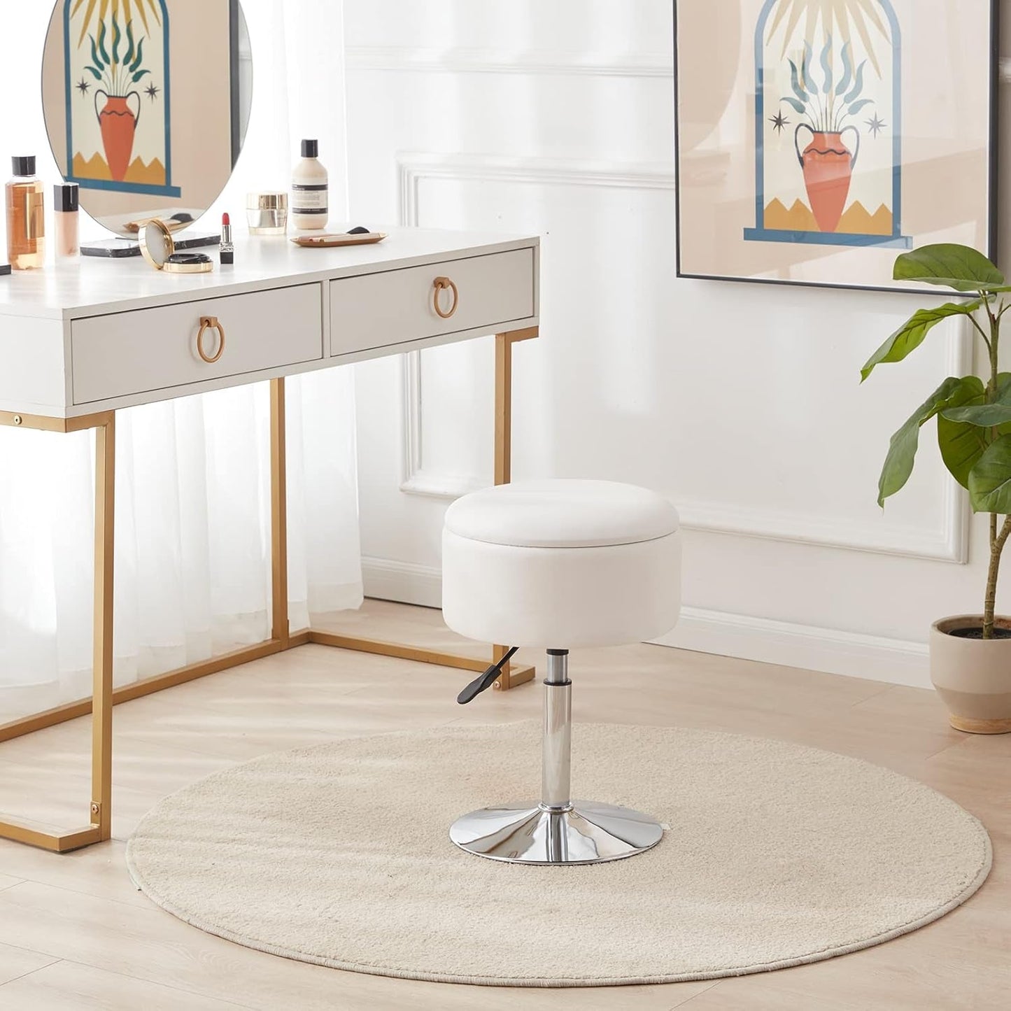 White Adjustable Vanity Stool With Storage Leatherette