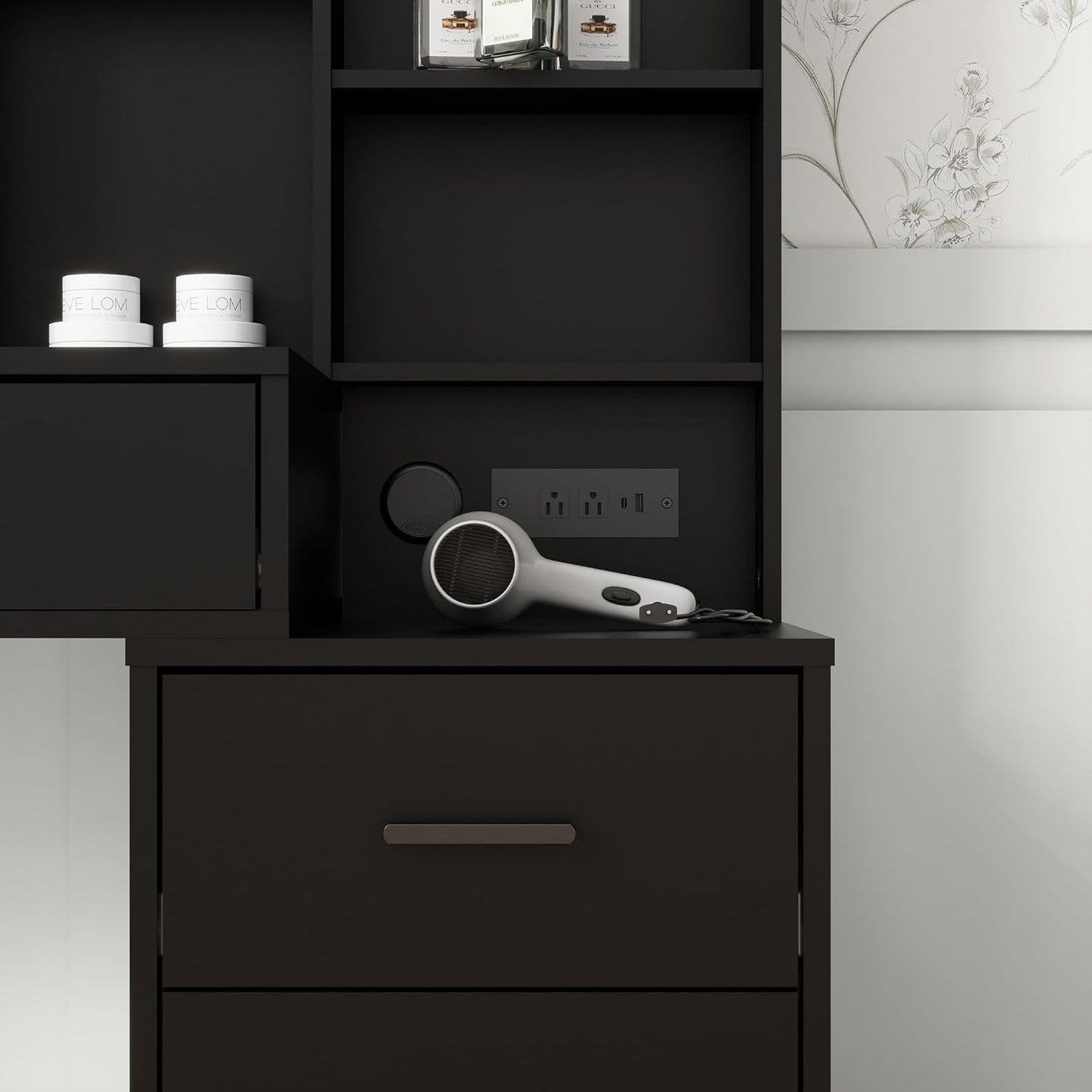 Black Vanity Desk With Large Mirror Illumination Mode