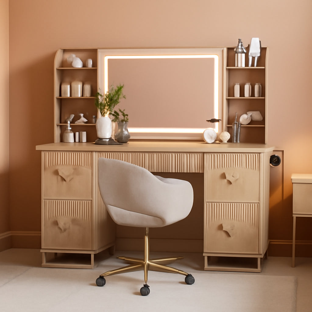 Oak Fluted Vanity Desk 60 Inch Tempered Glass Table top