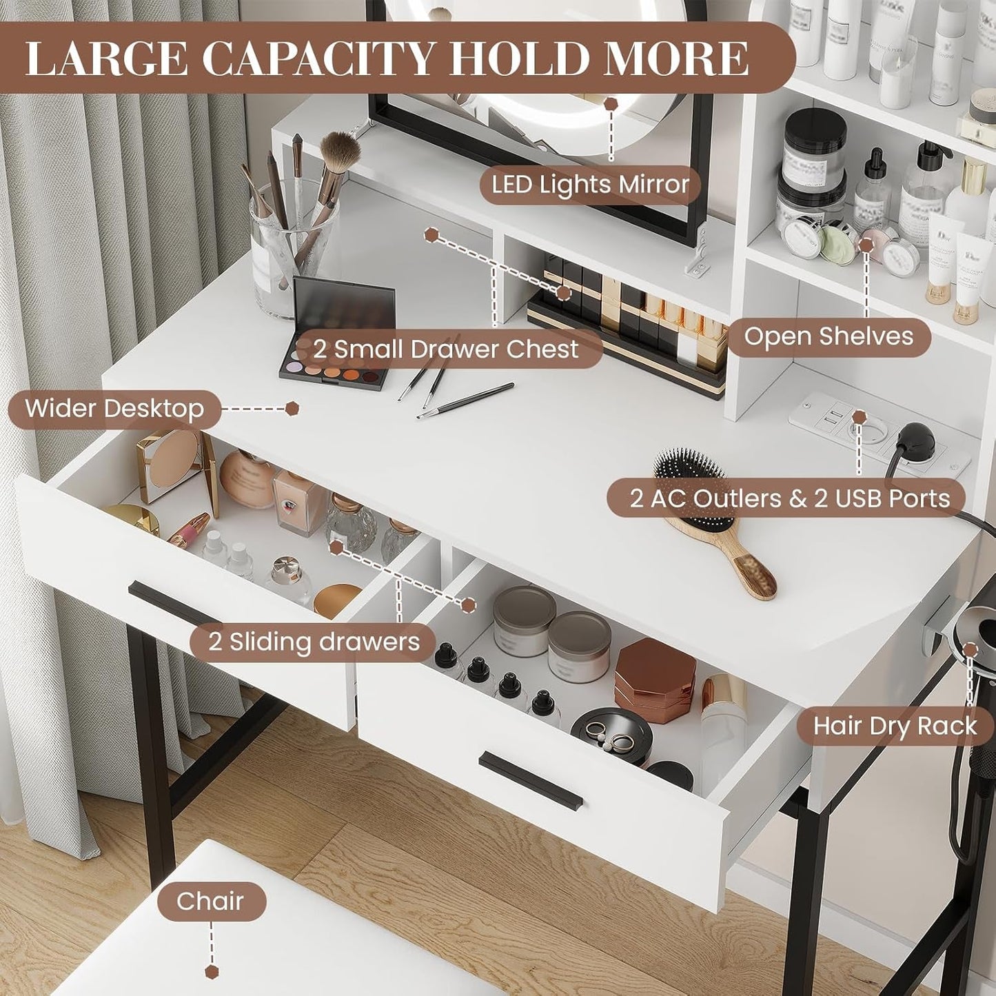 Professional Grade White Vanity Desk Rotating Mirror