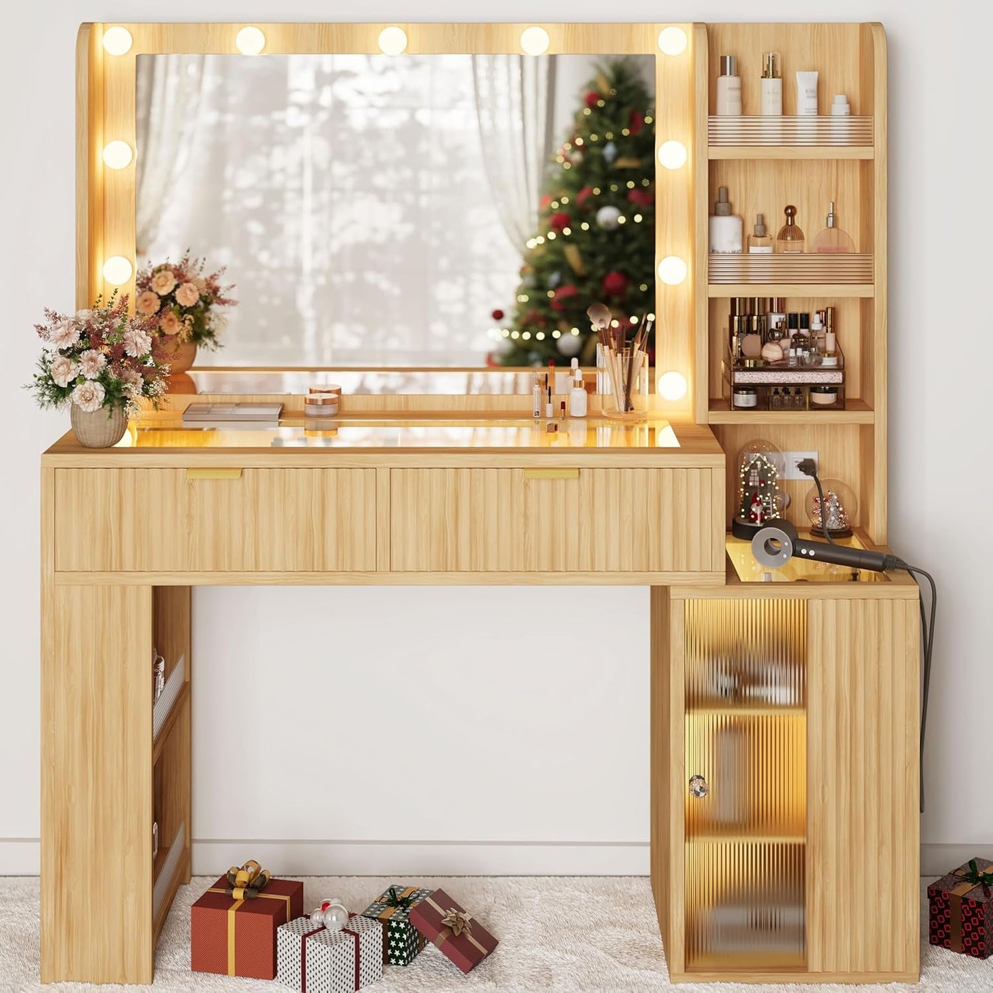 47 Inches Fluted Makeup Vanity Desk RGB Illumination System