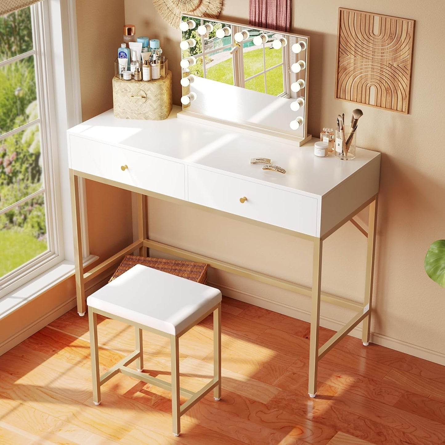 Elegant White Gold 35.4-Inch Architectural Vanity Desk