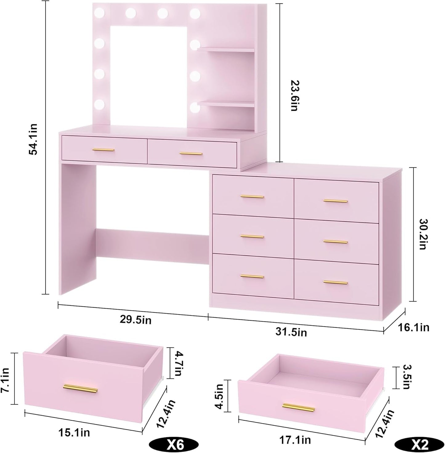 61 Inch Pink Vanity Desk With Illumination Control System