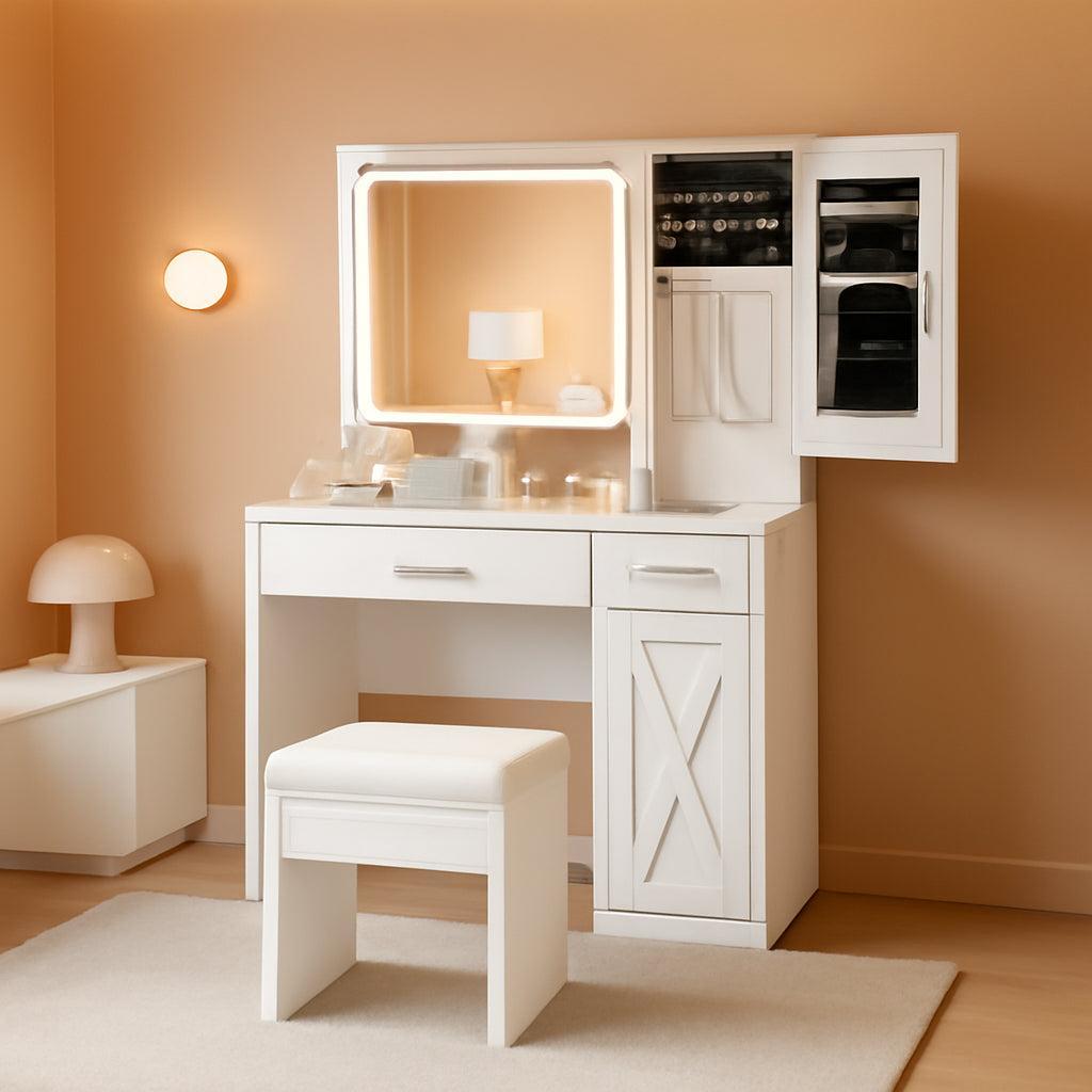 White Vanity Desk Featuring Mirror Lights 35.5 Inch