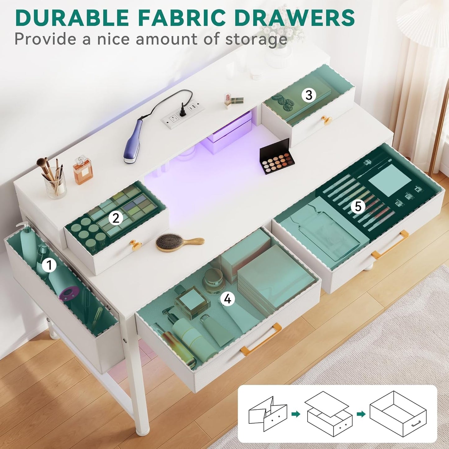 Vanity Desk With Four Drawers And Lighting USB Charging Port