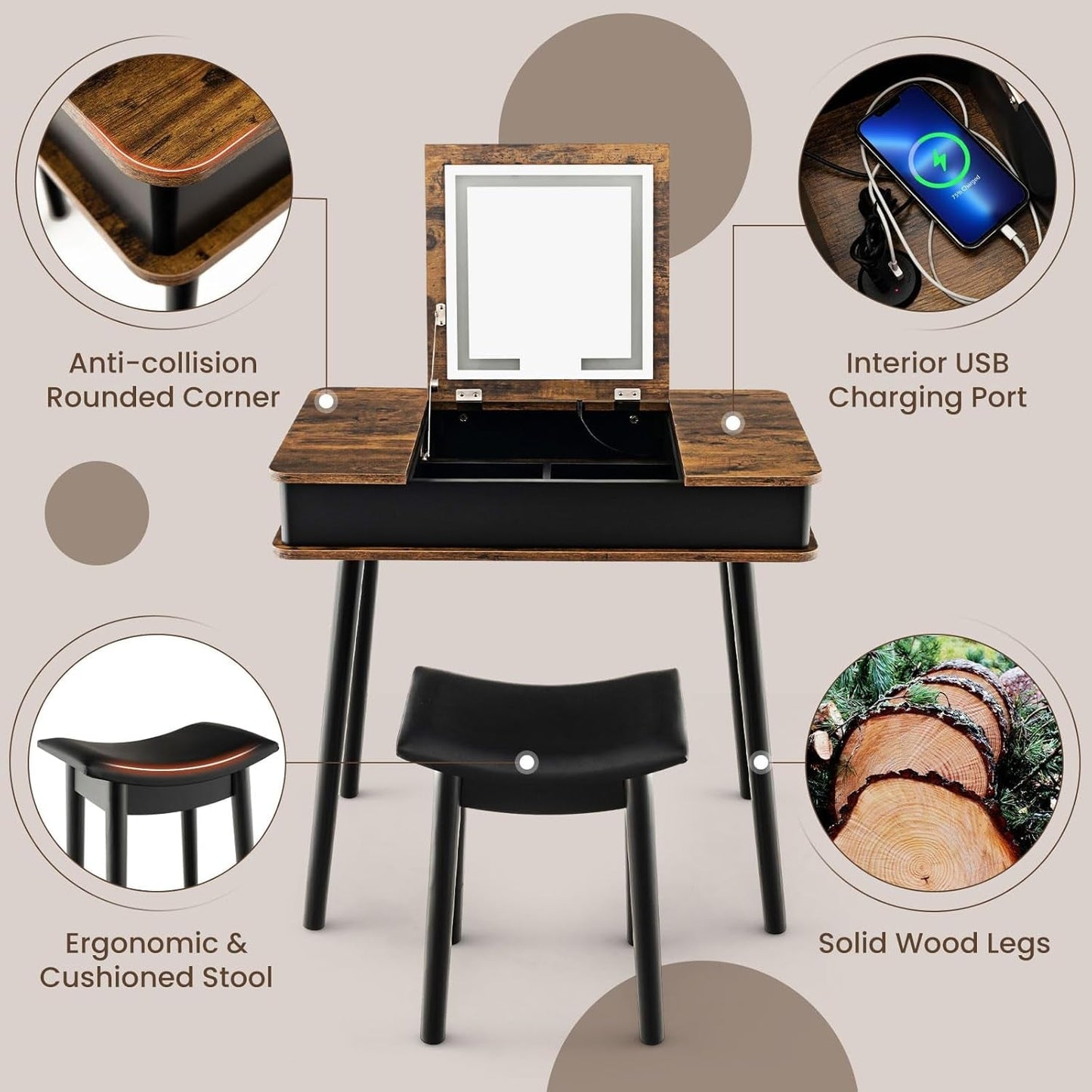 Rustic Brown Vanity Desk With Customizable Lighting