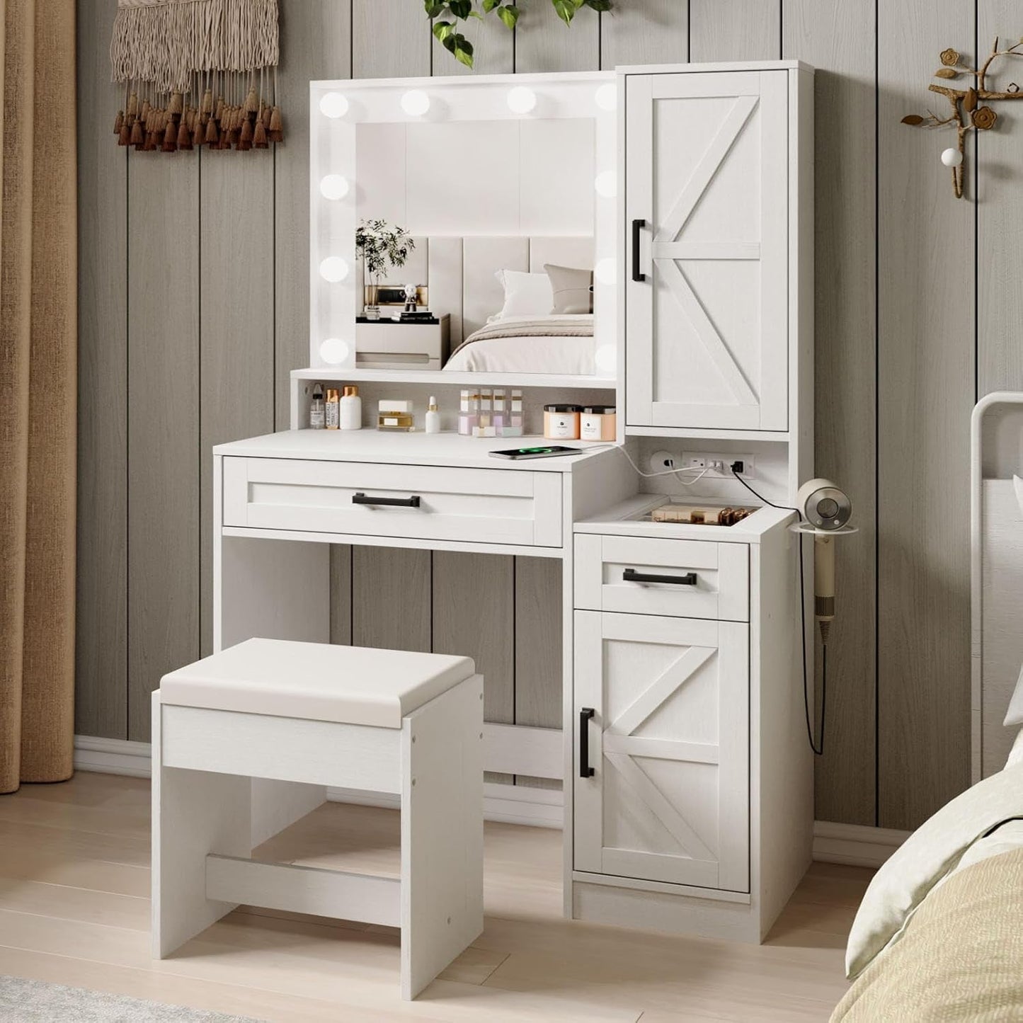 36 Inch Antique White Vanity Desk With LED Illumination
