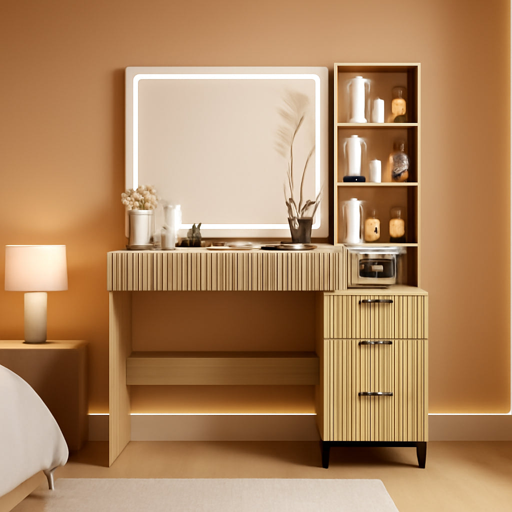 Fluted Vanity Desk With 31 Point 5 Inch Wide Lighted Natural Oak Mirror