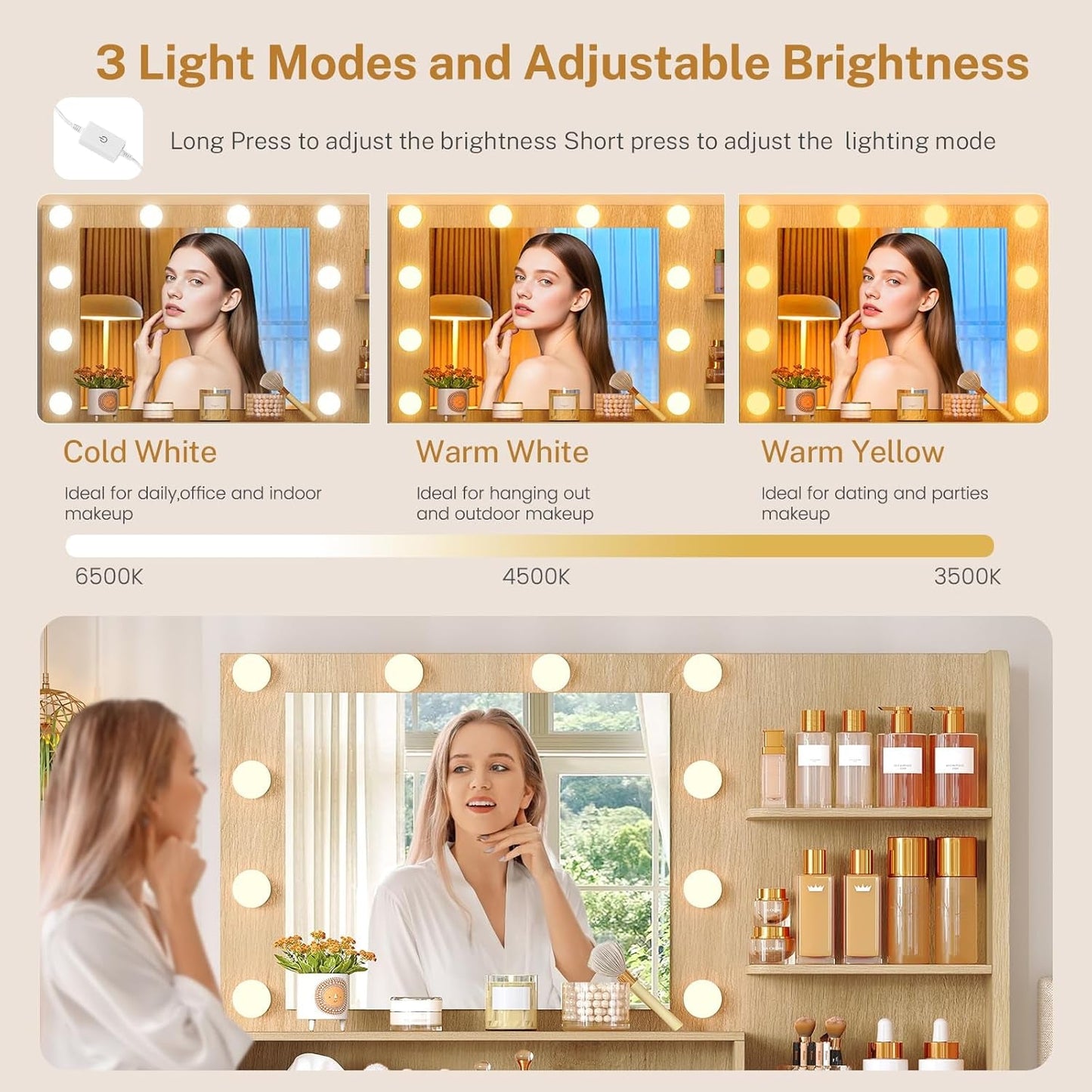 Fluted Vanity Desk Mirror With Adjustable Lighting