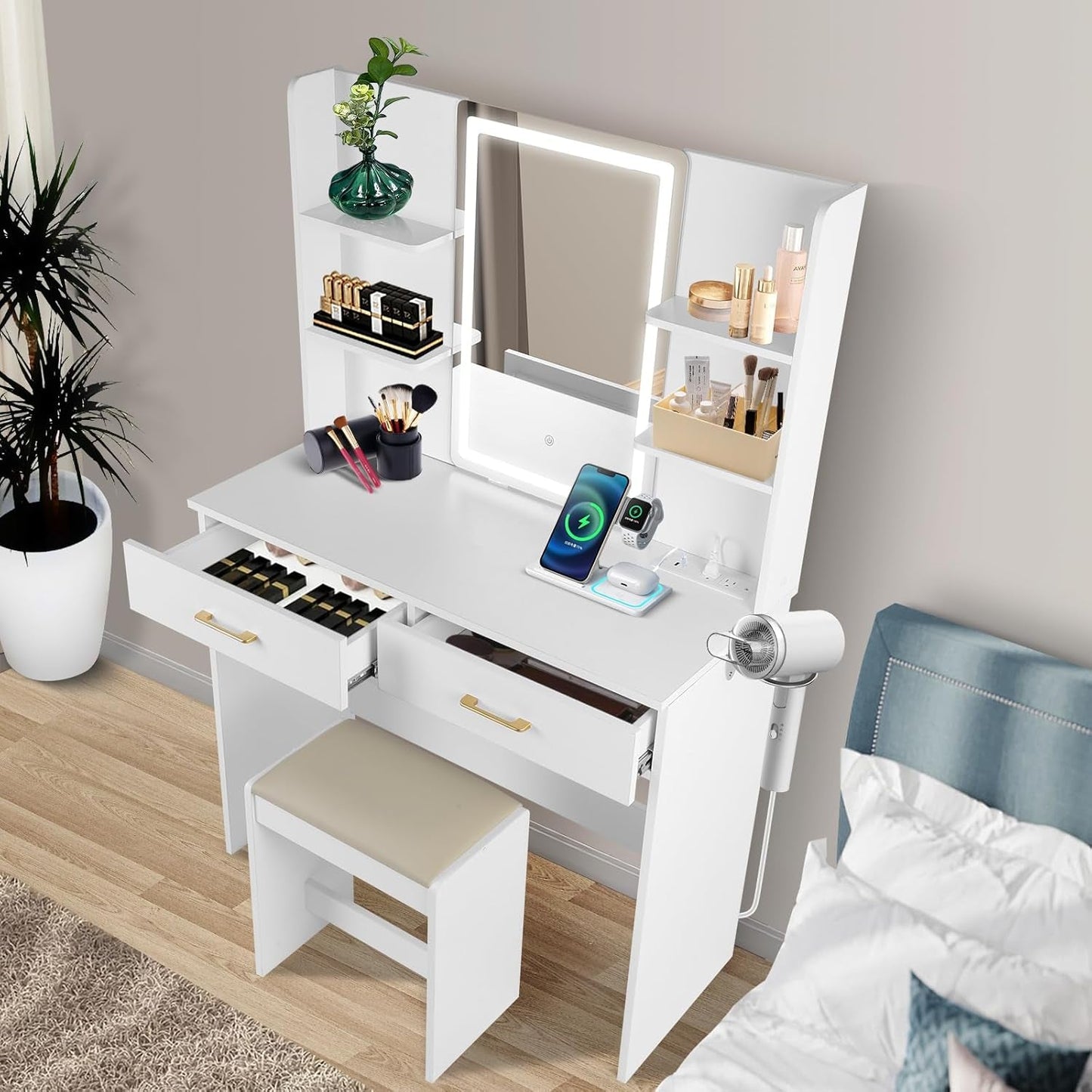 Luxurious White Vanity Integrated LED Mirror Outlet