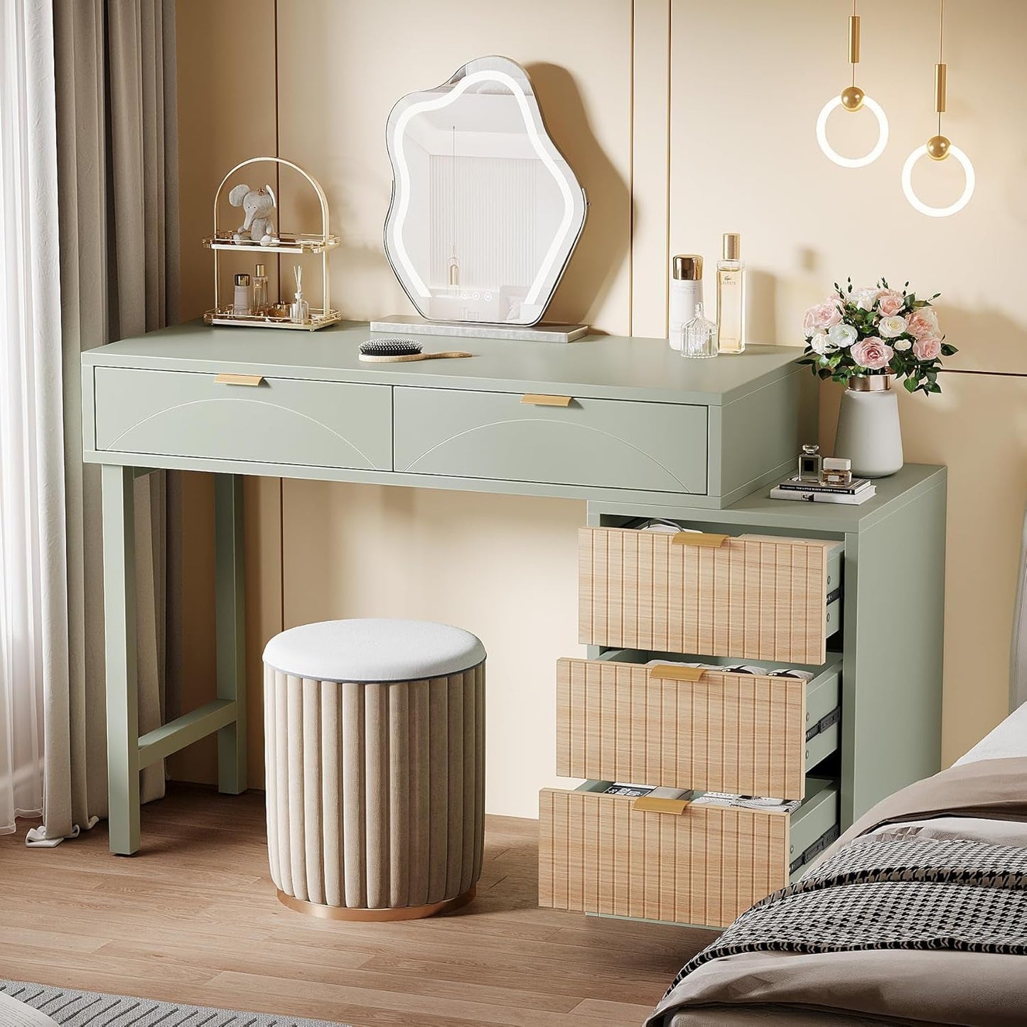 Mint Green Vanity Desk With 5 Drawers For Narrow Spaces