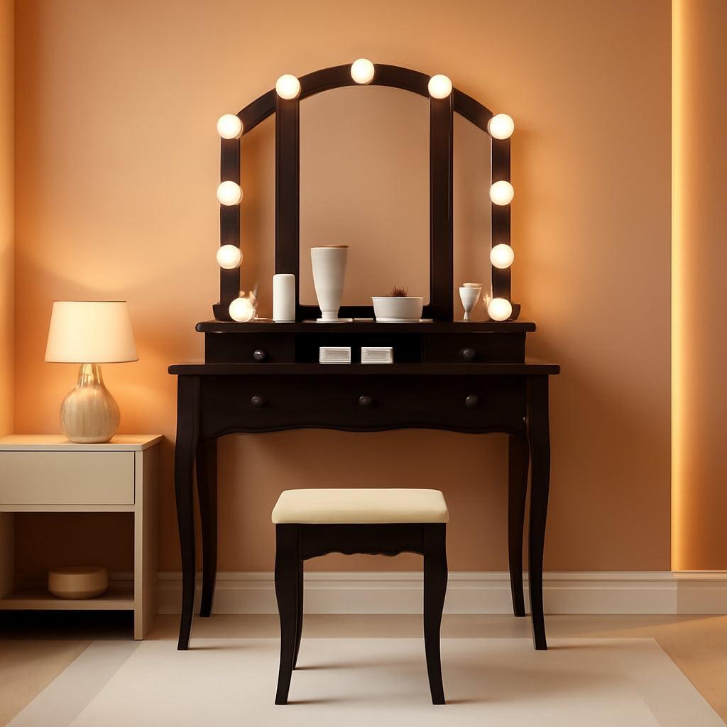Espresso Vanity Desk With Adjustable Lighting Mirror