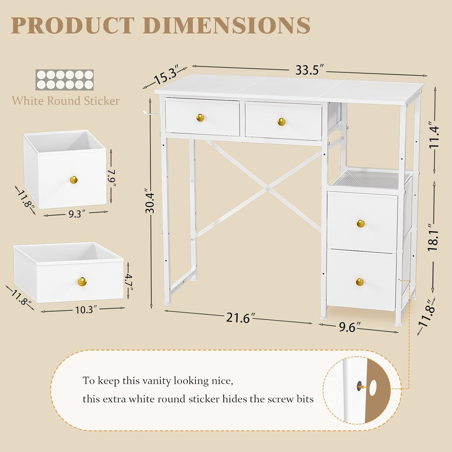 White Vanity Desk With Premium Fabric Drawers Storage
