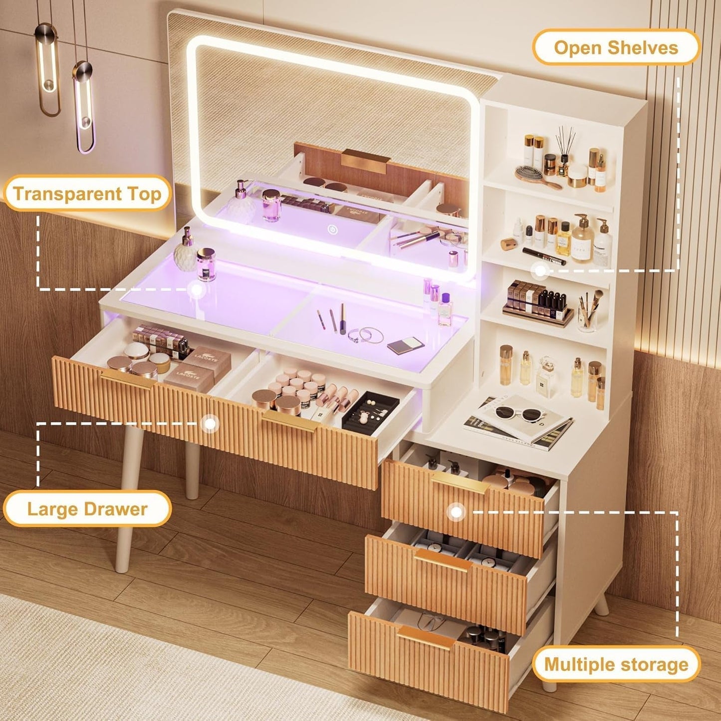 44 Inch Vanity Desk Includes Illuminated Makeup Mirror