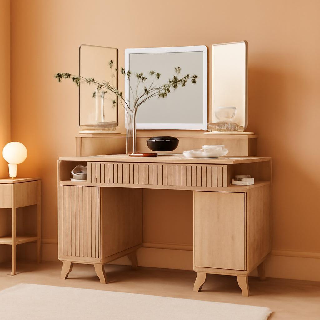 Natural Oak Forty Eight Inch Makeup Vanity Desk Three Way Mirror With Lights