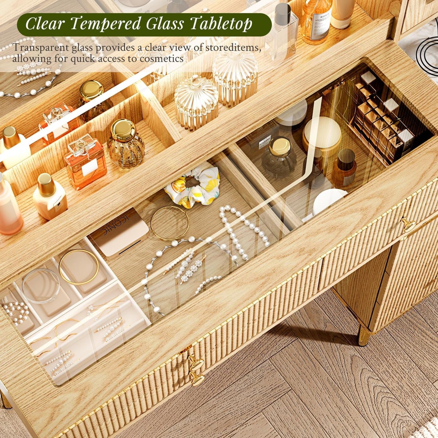 Oak Vanity Desk With Forty Six Inch Illuminated Mirror