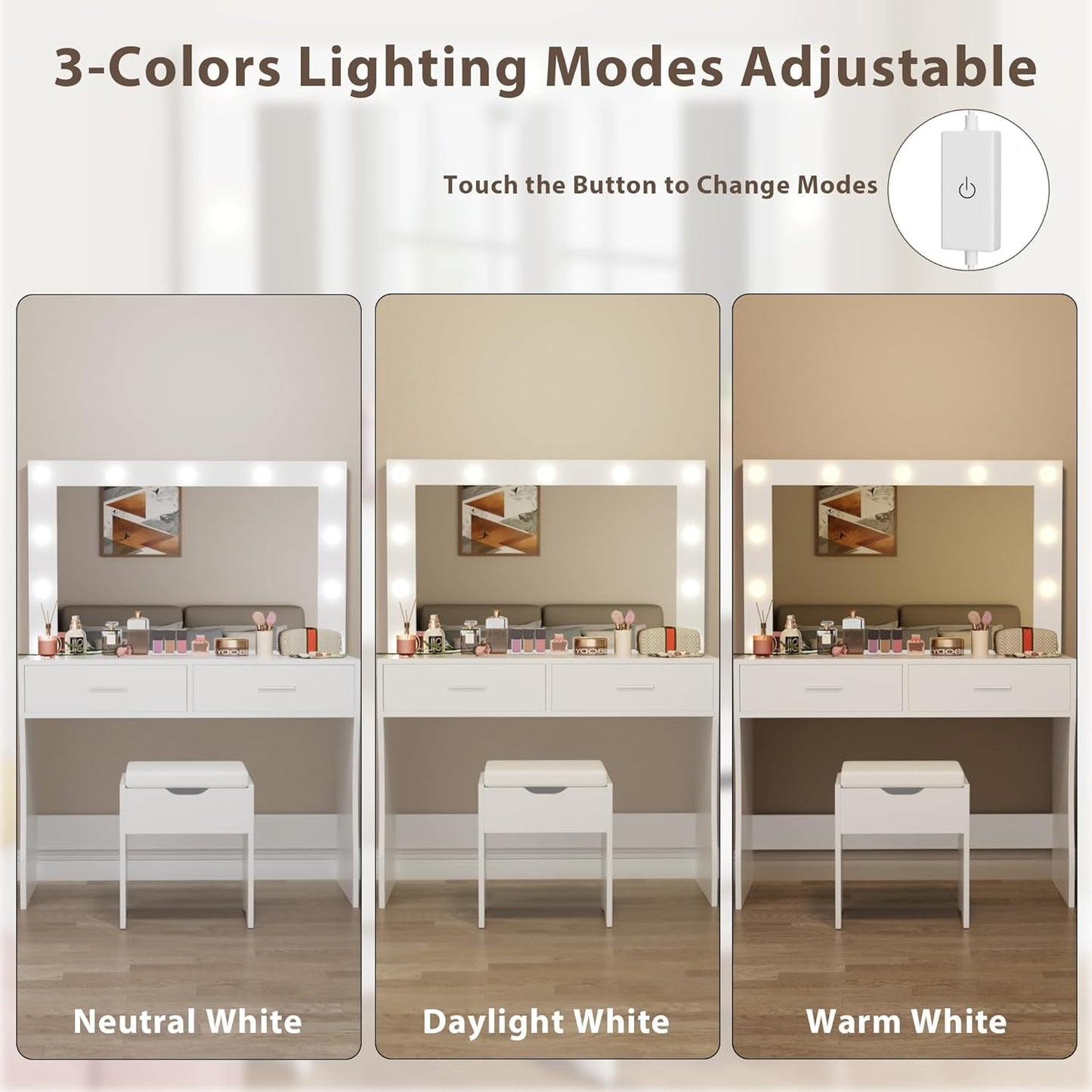 White 35 Inches Vanity Desk With Illuminated Mirror