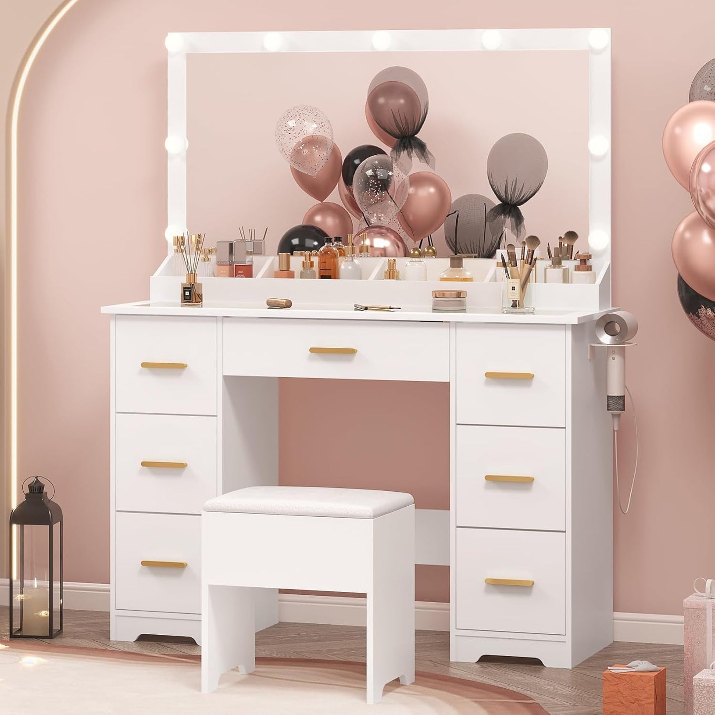 44 Inch White Glossy Vanity Desk Illuminated Mirror