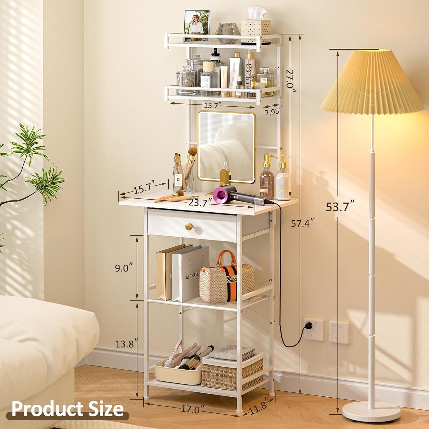 White Ultra Compact Vanity Desk With Generous Storage