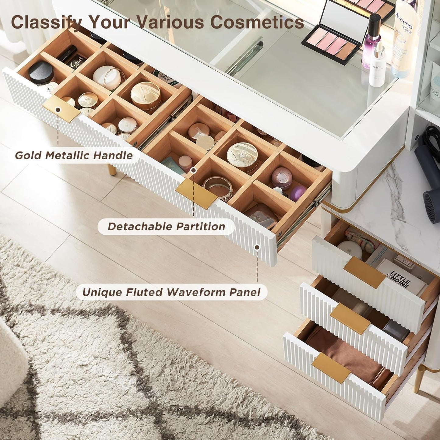 Thirty Six Inch Illuminated Mirror Vanity Desk Drawers Glass