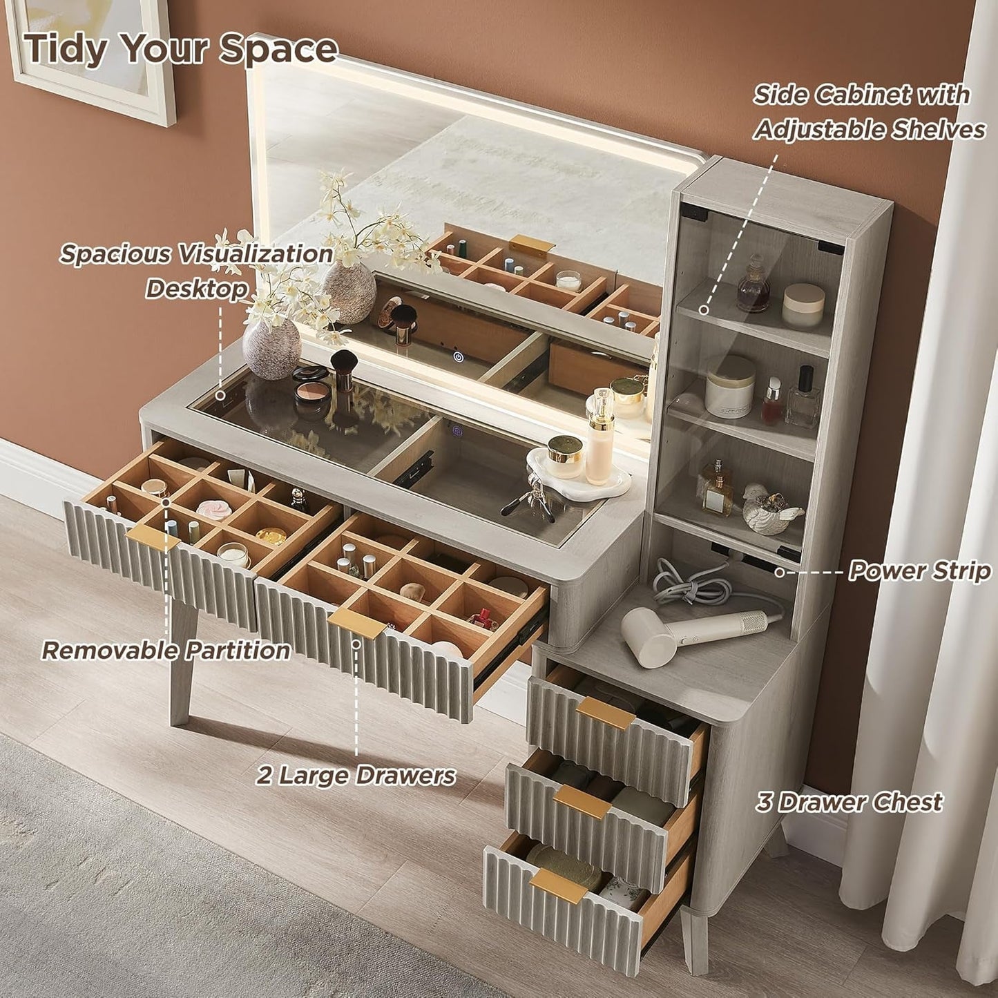 Premium Contemporary Fluted Forty Eight Vanity Desk Mirror