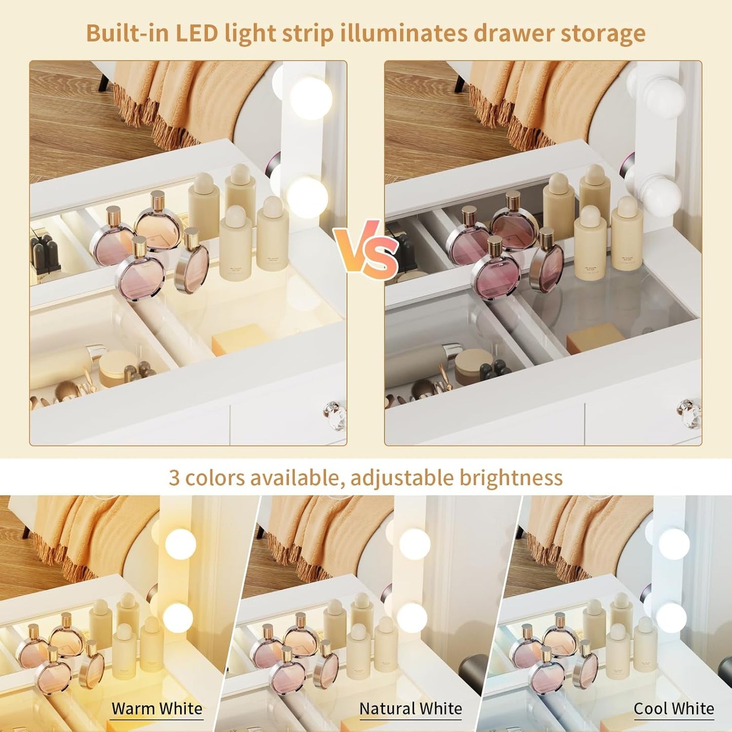 White Makeup Vanity With Illuminated Mirror Drawers